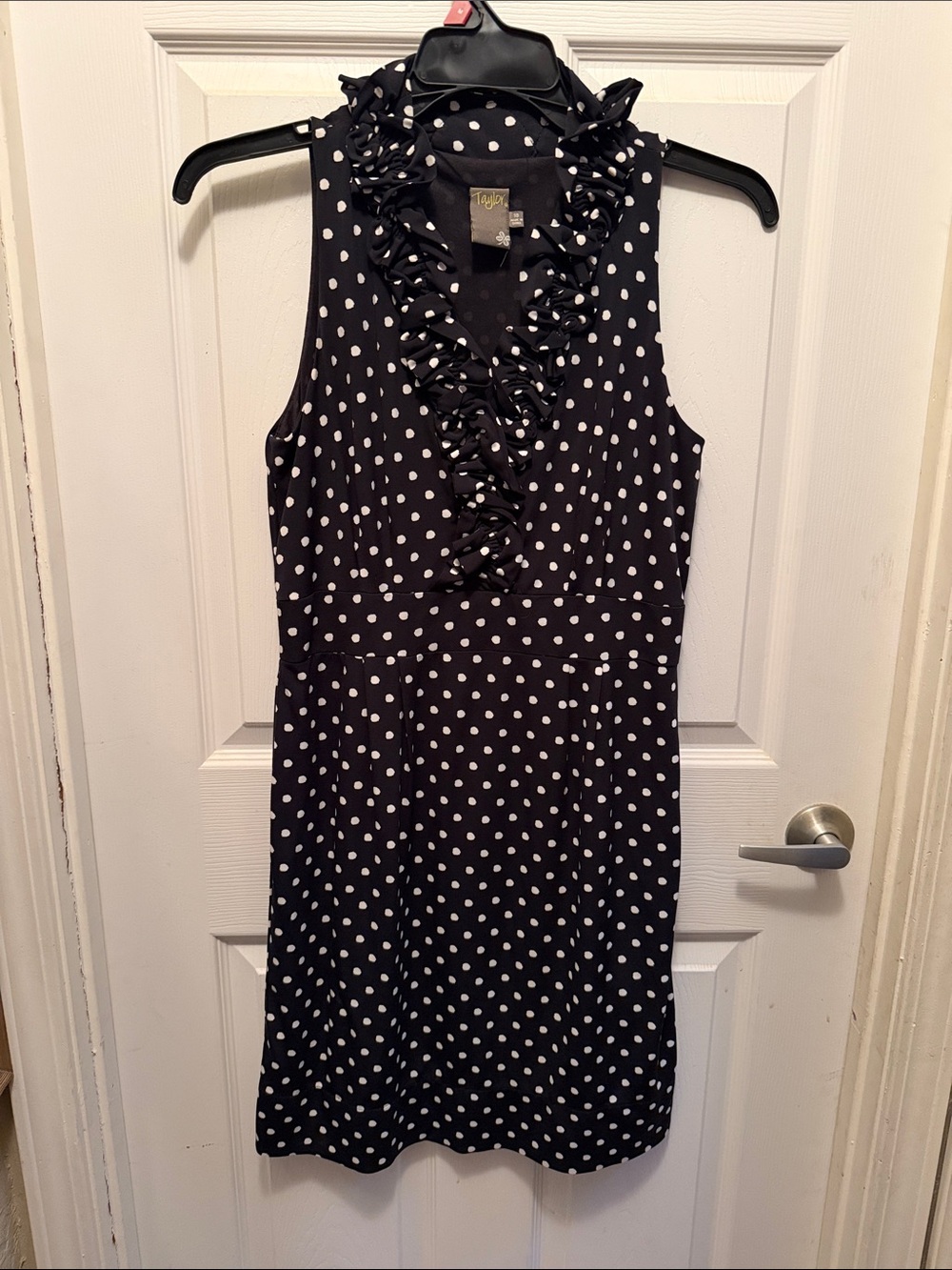 Taylor Black Polka Dot Sleeveless Ruffle V-Neck Dress